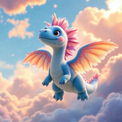Primary subject: A blue dragon with a pink mane and orange wings flying in the sky.

Setting/background: The sky is filled with clouds, creating a beautiful backdrop for the dragon.

Visual style: The image is a digital art or illustration, featuring a vibrant and colorful dragon.

Colors and mood: The dragon has a bright blue color, with a pink mane and orange wings, creating a lively and cheerful atmosphere.
